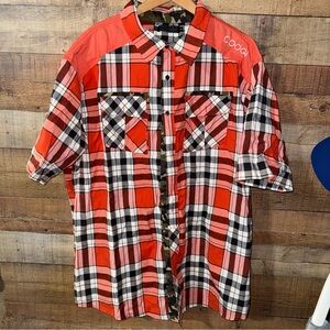 COOGI Men's Orange and Black Plaid Button Down Shirt Y2K 5x